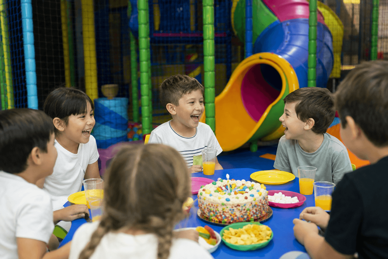 Niños merendando junto al tobogán del parque de bolas