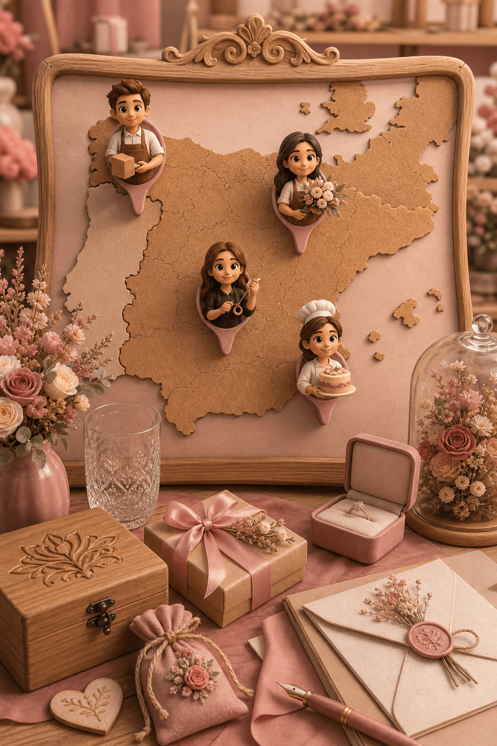 Mapa tipo booking con avatares de creadores y muestras de regalos artesanos